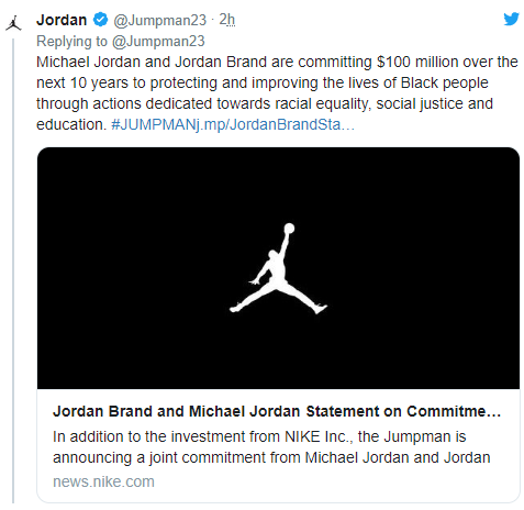 乔丹和旗下品牌承诺将捐1亿美金 坚决对抗种族主义