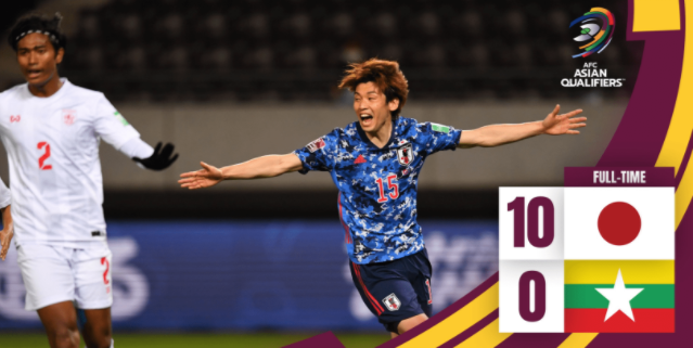 世预赛-日本队10-0缅甸队 6战全胜进37球提前晋级