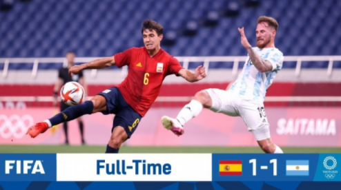 奥运男足-西班牙1-1平阿根廷小组第一晋级 梅里诺破门贝尔蒙特扳平