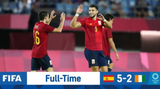 奥运男足-西班牙5-2大胜科特迪瓦晋级 补时绝平+加时连入三球逆转