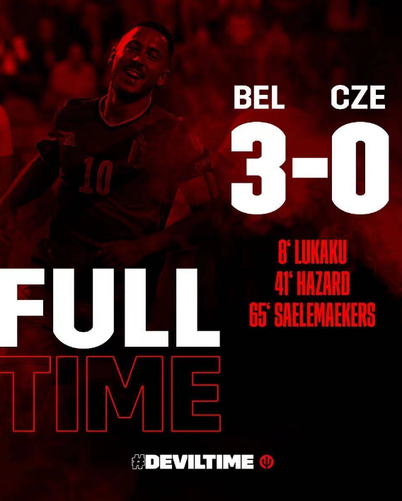 世预赛-卢卡库传射阿扎尔破门 比利时主场3-0完胜捷克