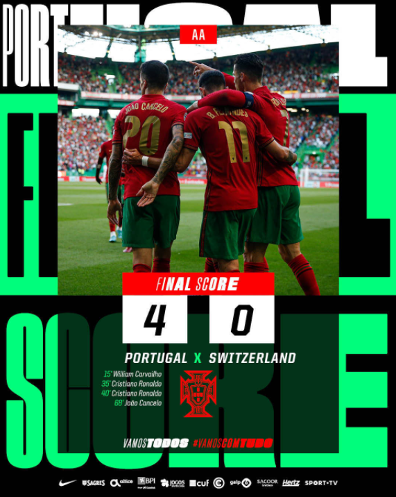 欧国联-葡萄牙4-0完胜瑞士 C罗梅开二度坎塞洛破门