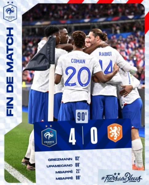 欧预赛-法国4-0完胜荷兰 姆巴佩2射1传格列兹曼破门于帕建功