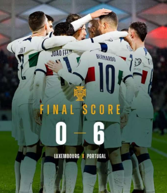 欧预赛-葡萄牙6-0大胜卢森堡 C罗双响B席传射莱奥传射+失点