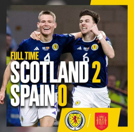 欧预赛-麦克托米奈连场双响罗伯逊助攻 西班牙0-2不敌苏格兰