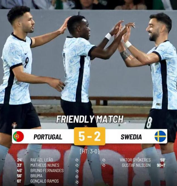友谊赛-葡萄牙5-2轻取瑞典 C罗缺阵B费传射葡萄牙各赛事11连胜