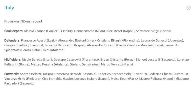 意大利大名单更新：缩减至32人 拉齐奥右后卫落选