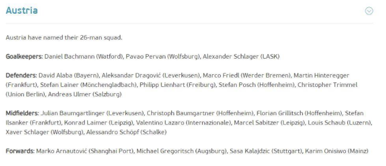 奥地利更新欧洲杯名单：缩减至26人 四线皆少1人