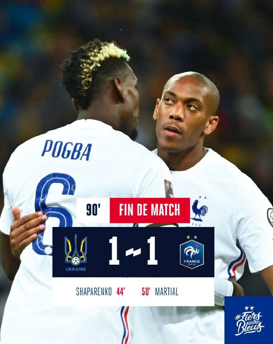世预赛-马夏尔失单刀+破门 法国客场1-1战平乌克兰