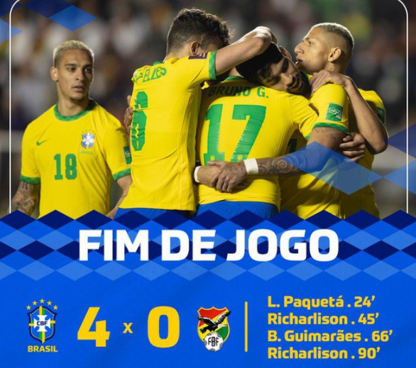 世预赛-帕奎塔传射理查利森2球 巴西4-0玻利维亚