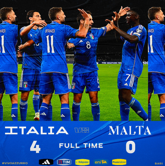 欧预赛-意大利4-0大胜马耳他升C组第二 贝拉尔迪双响博囧国家队处子球