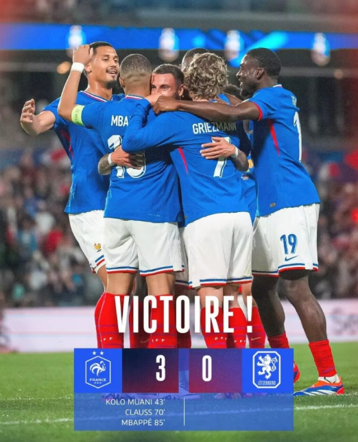 友谊赛-法国3-0卢森堡 姆巴佩1射2传独造3球穆阿尼、克劳斯破门